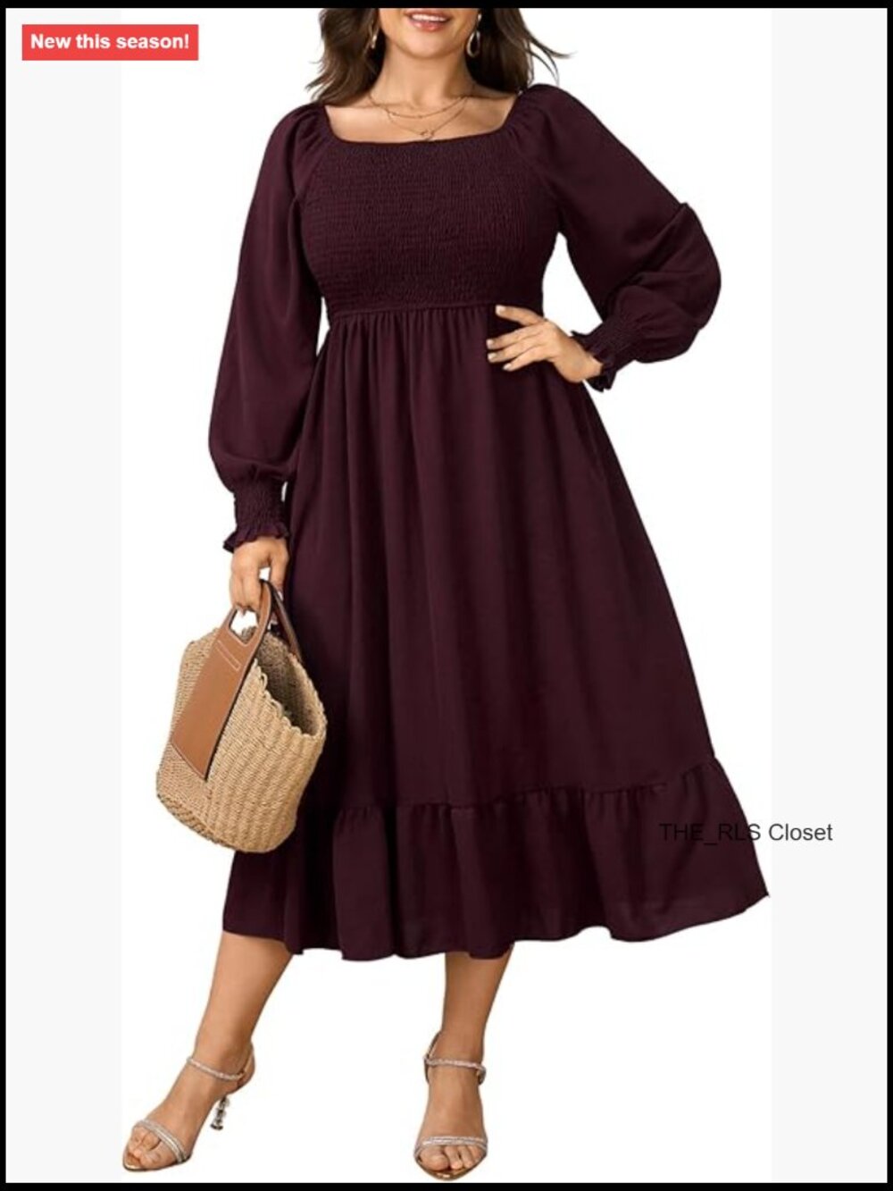 Plus Size Maxi Dress Long Sleeve Square Neck Smocked Ruffle Swing Flowy Fall